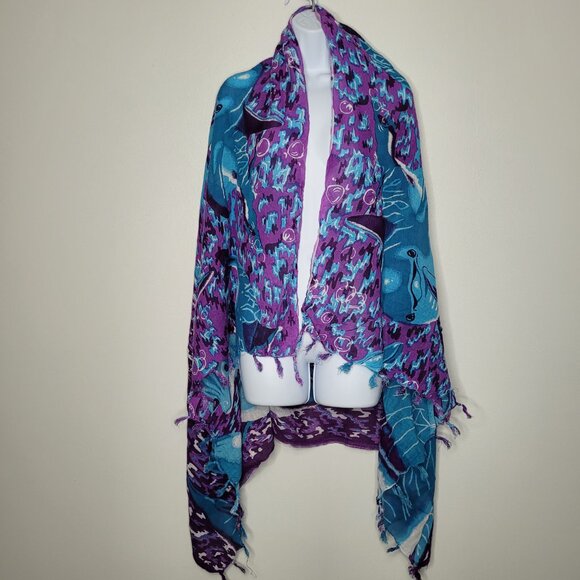 Dolphin blue purple fringe art to wear quirky shawl scarf - Picture 1 of 7